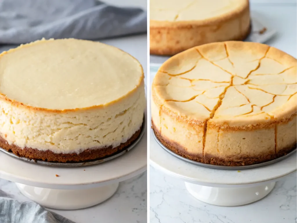 Side-by-side of smooth and cracked desserts.