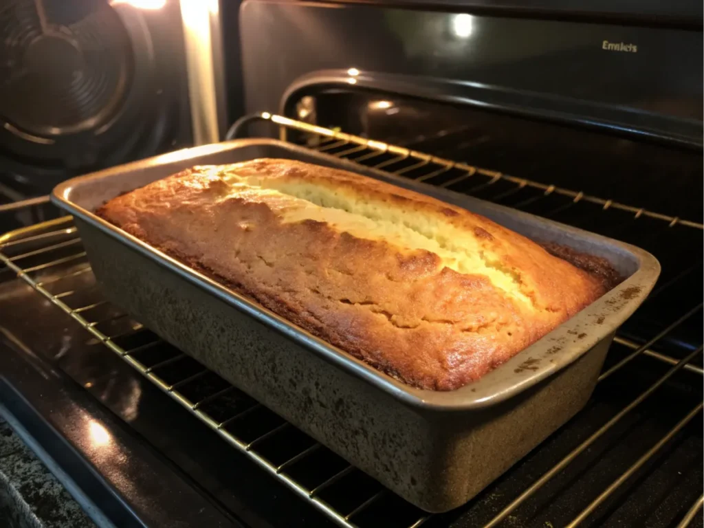 Pound cake baking in an oven, golden crust forming.