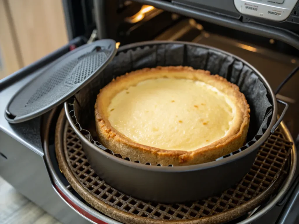 Cheesecake baking in an airfryer with a golden crust forming.