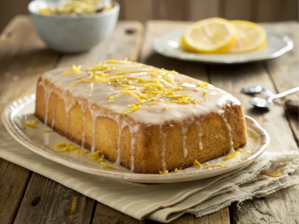 Glazed cake topped with zest on a rustic wooden table