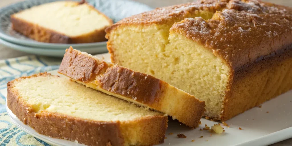 Freshly sliced pound cake with a golden crust and moist interior.