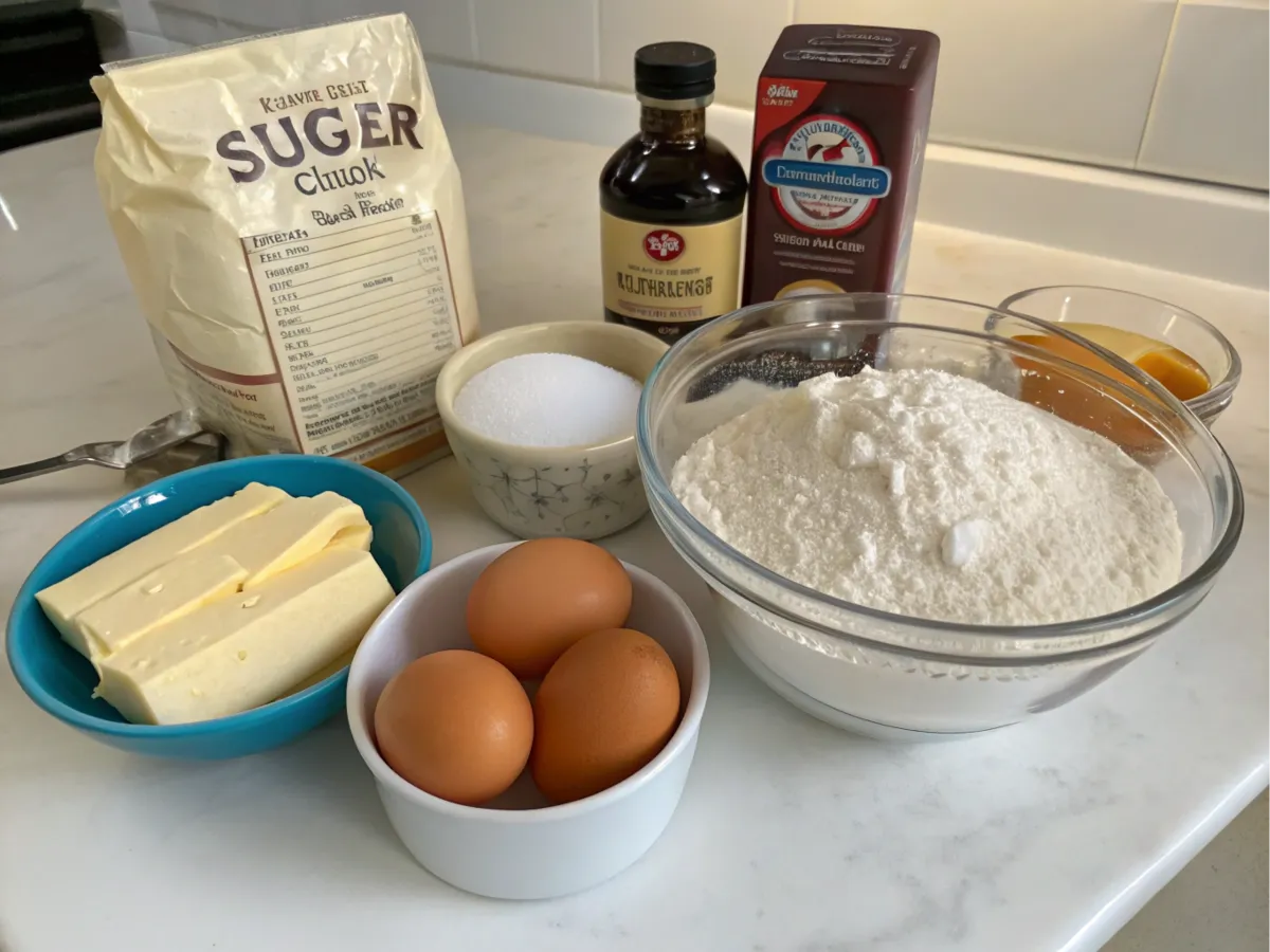 Ingredients for pound cake neatly arranged on a counter.