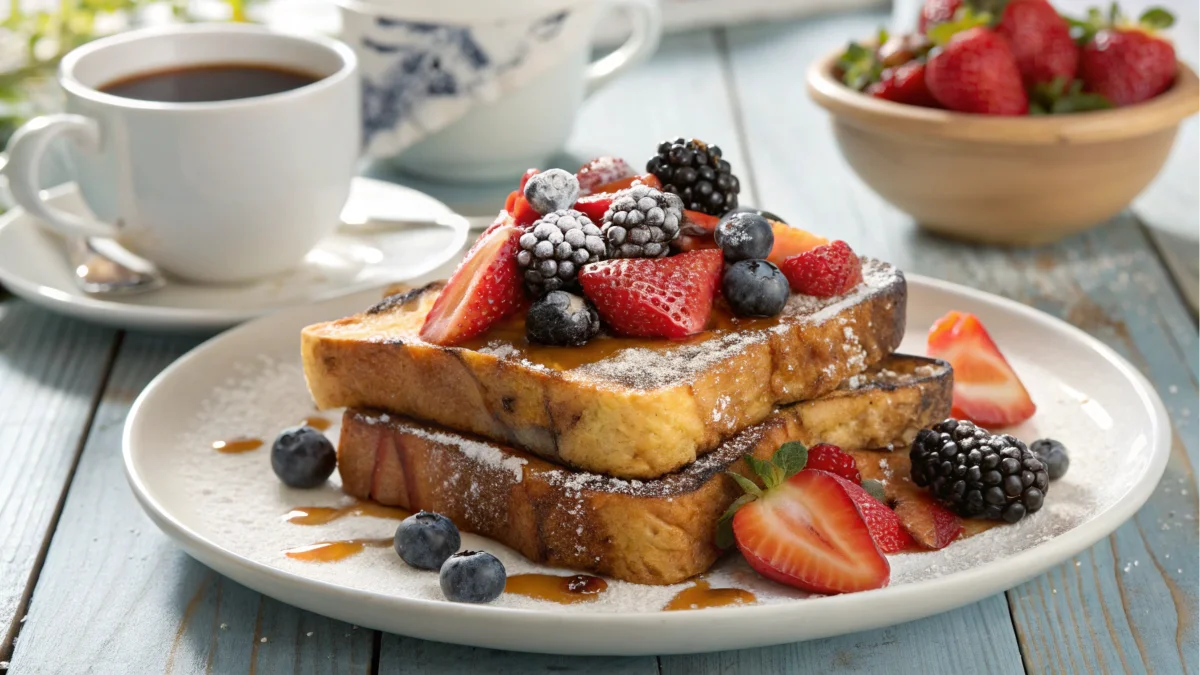 A plate of McCormick French toast recipe topped with powdered sugar, fresh berries, and a drizzle of maple syrup, served with a cup of coffee.