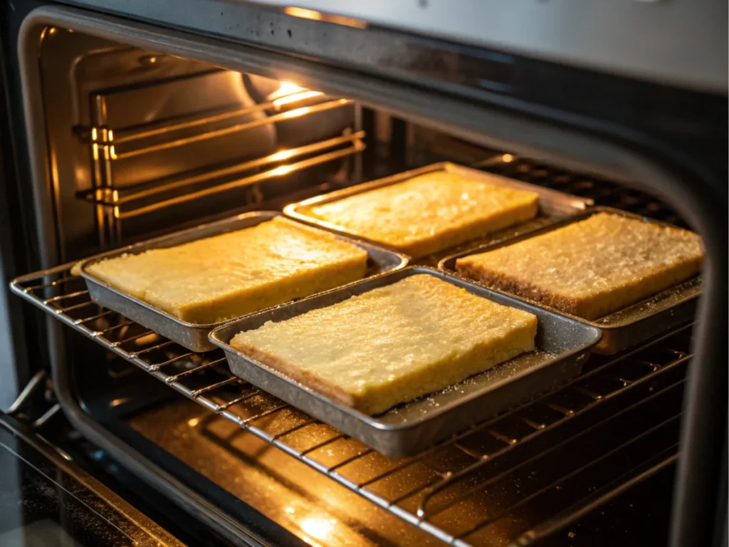 A dessert baking in the oven, visible through the oven door.