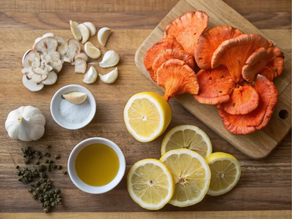 Fresh ingredients for a chicken of the woods recipe preparation.