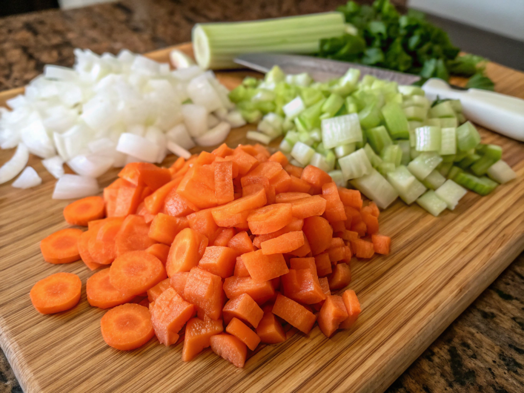 Chopped carrots, celery, and onions on a cutting board