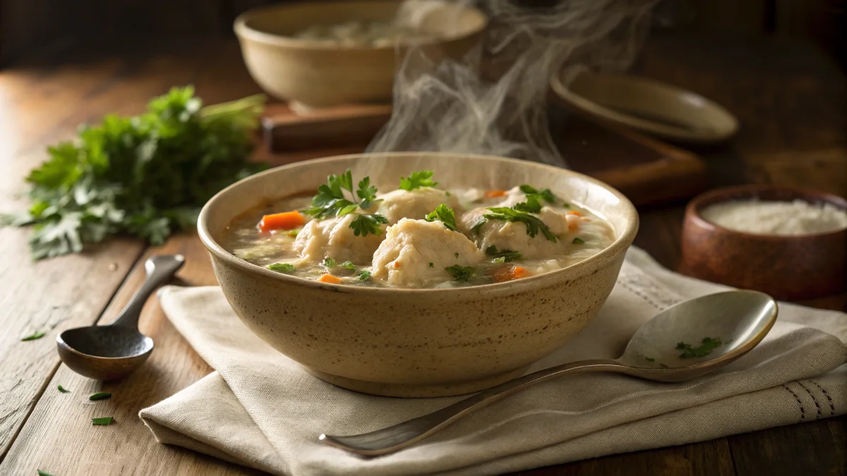 A bowl of homemade chicken and dumplings with fluffy dumplings, tender chicken, and fresh parsley garnish.