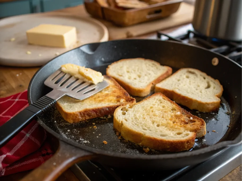 Golden slices of bread cooking in a skillet with butter, part of the McCormick French toast recipe preparation process.