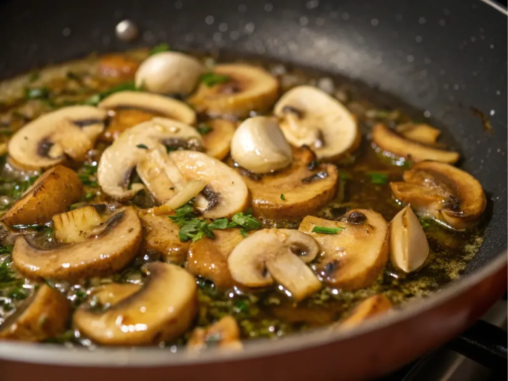 Cooking chicken of the woods mushrooms in a pan.