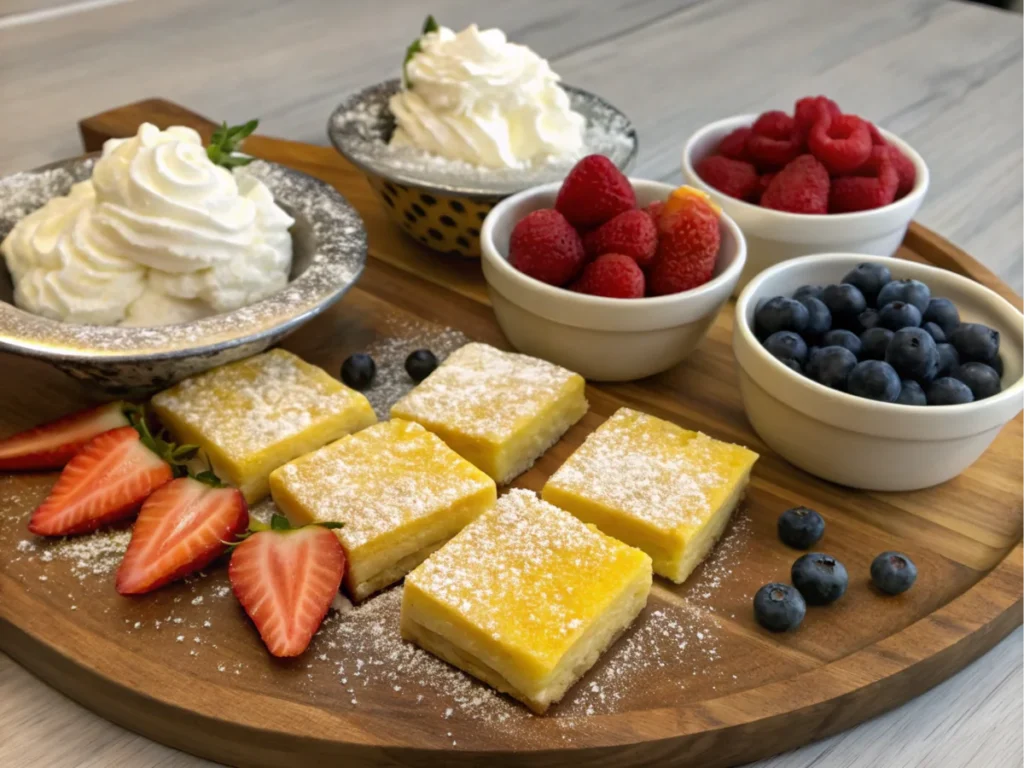 A dessert platter featuring creamy bars and colorful fresh fruits.