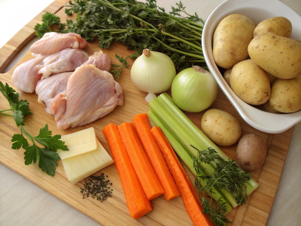 Ingredients for homemade chicken soup including chicken, carrots, celery, onions, and herbs