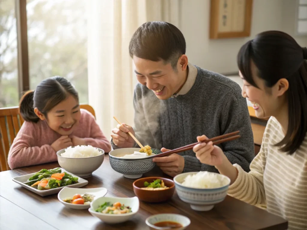 A family enjoying Nikujaga (beef and potato stew) at the dining table