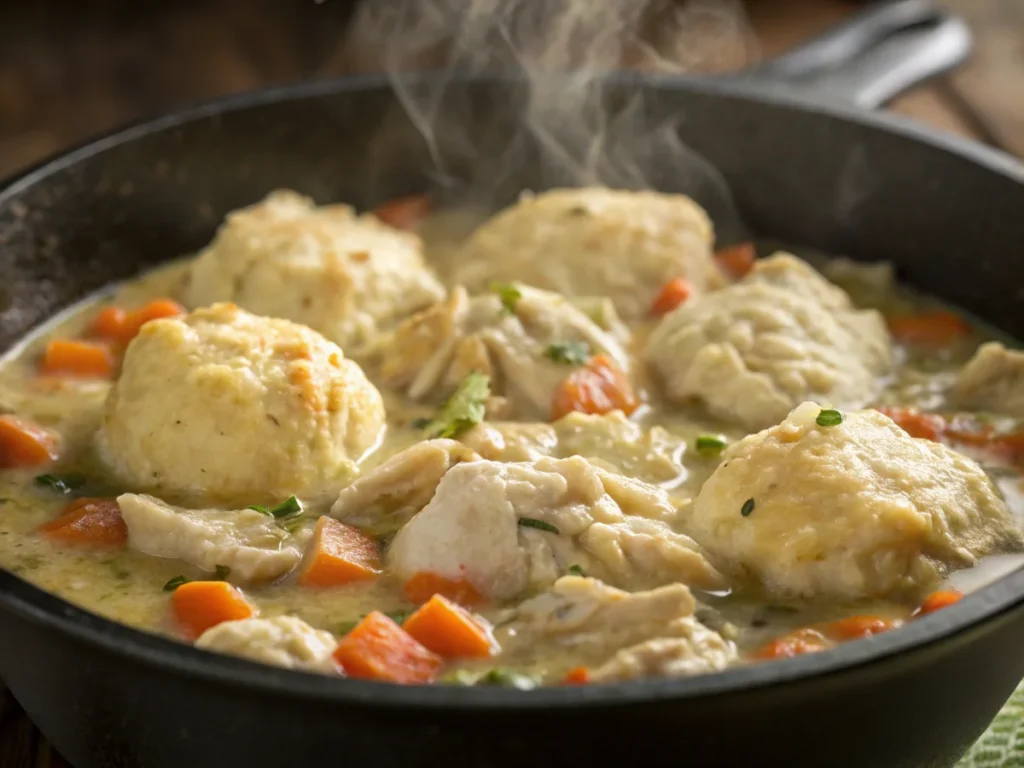 Fluffy dumplings cooking in a creamy chicken stew with carrots and tender chicken.