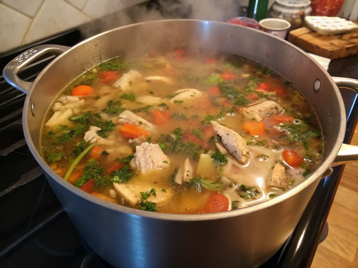 A bowl of homemade chicken soup with vegetables and herbs