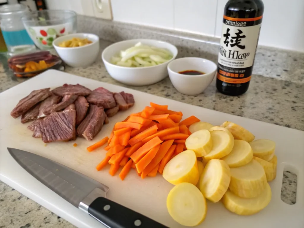 Prepped ingredients for Nikujaga: beef, potatoes, onions, and carrots on a cutting board.