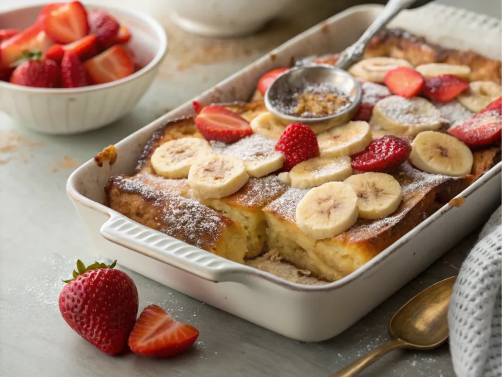 A baked French toast casserole topped with banana slices, strawberries, and powdered sugar, prepared using the McCormick French toast recipe.