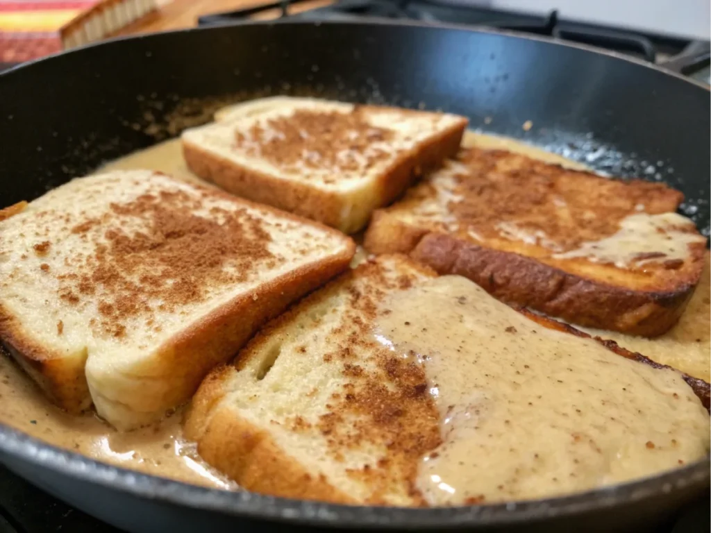 Slices of bread being cooked in a skillet, coated with a cinnamon-vanilla batter as part of the McCormick French toast recipe.