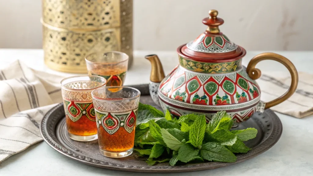 Moroccan Mint Tea set with traditional teapot and glasses