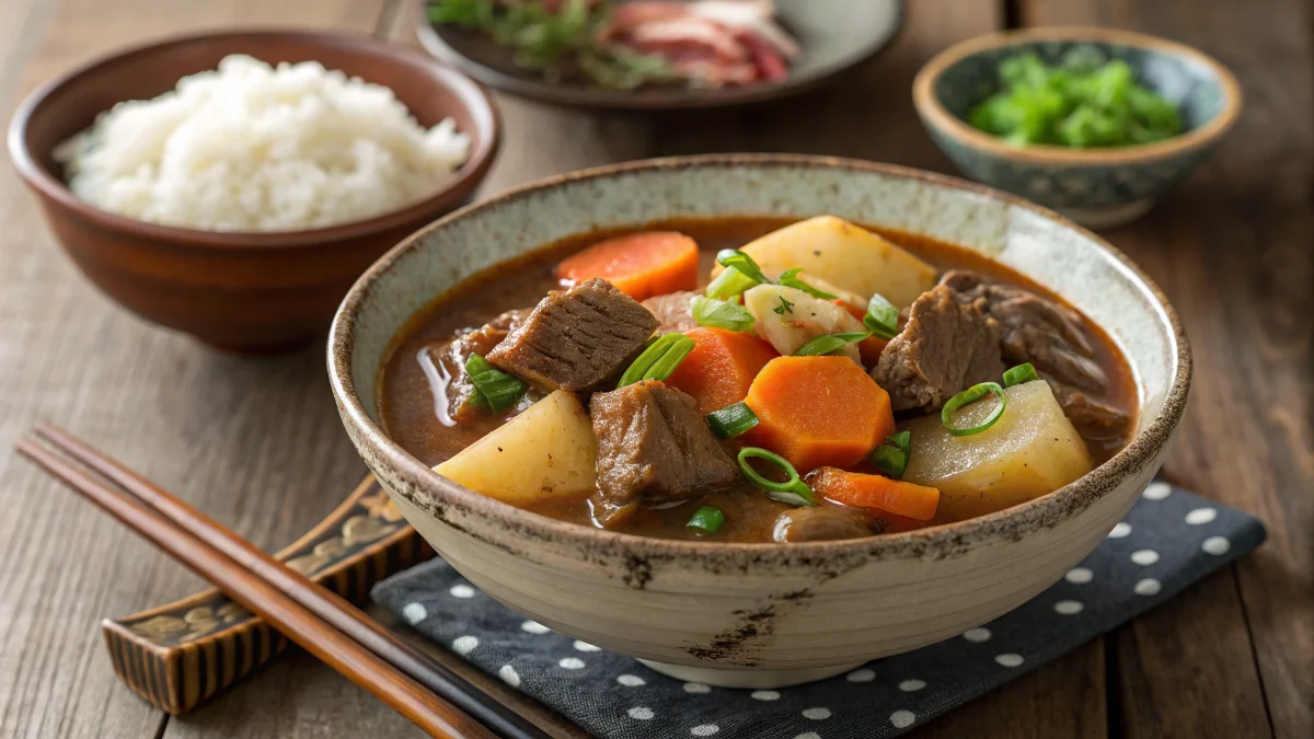 A comforting bowl of Japanese beef and potato stew served in a traditional ceramic bowl.