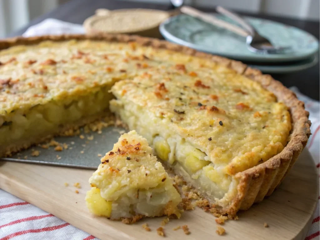 A slice of vegan-friendly Passover Potato Pie being served from the pie, revealing its creamy potato filling and golden crust. The pie rests on a wooden serving board, with plates and cutlery in the background.