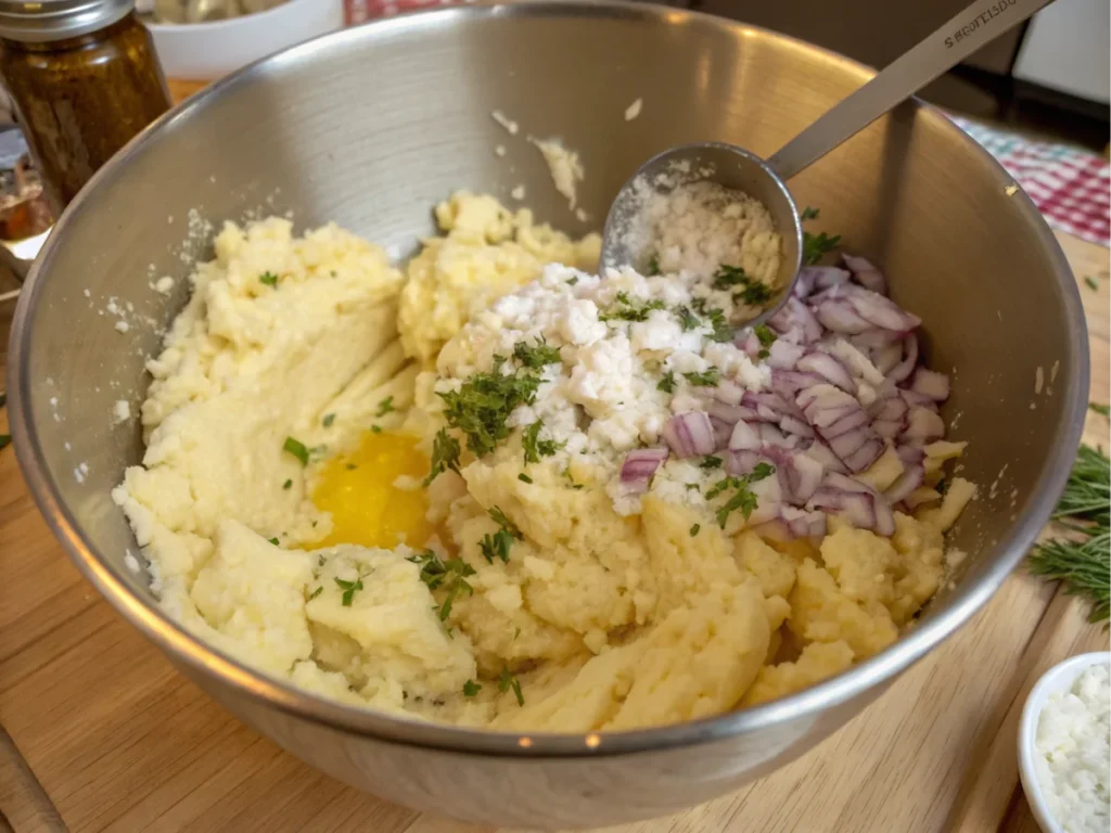 A mixing bowl with ingredients for Passover Potato Pie, including mashed potatoes, chopped red onions, parsley, egg yolk, and potato starch. A metal measuring spoon with starch rests on the side, with other kitchen items in the background.