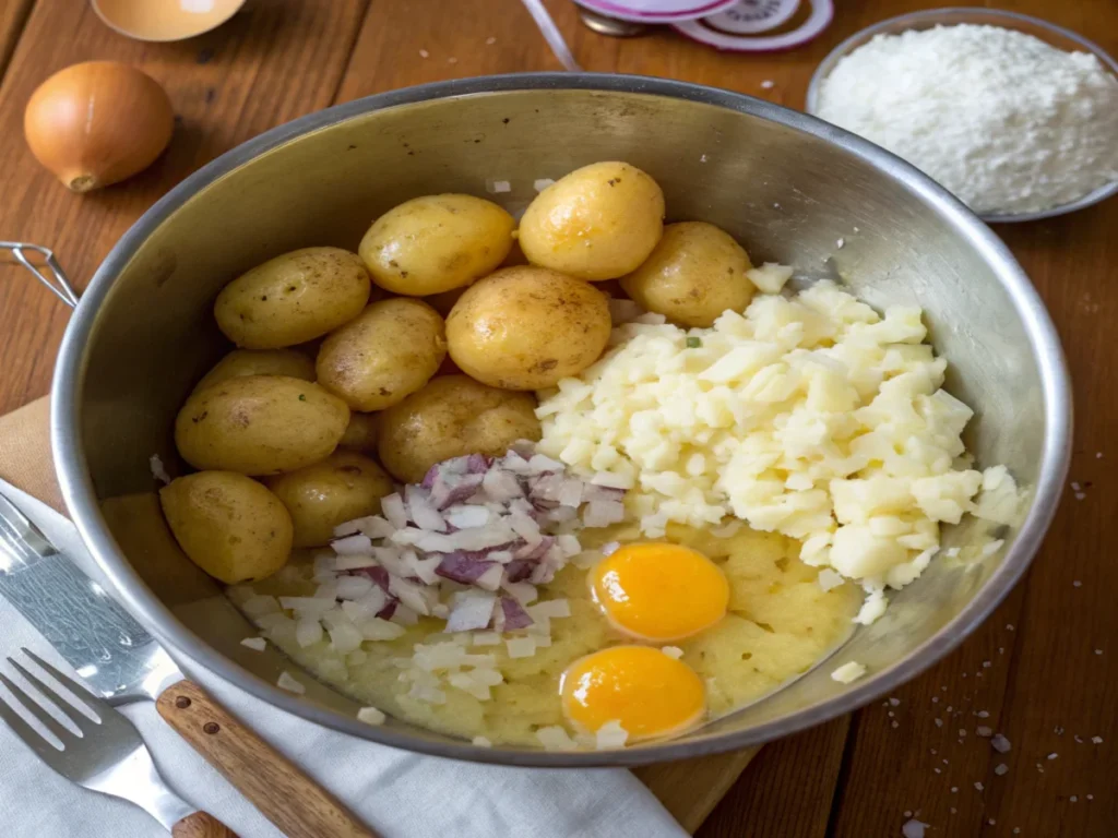 Ingredients for Passover Potato Pie, including boiled potatoes, chopped onions, mashed potatoes, and raw egg yolks in a stainless steel mixing bowl. Surrounding the bowl are an onion, shredded cheese, and cracked eggshells, set on a wooden table.