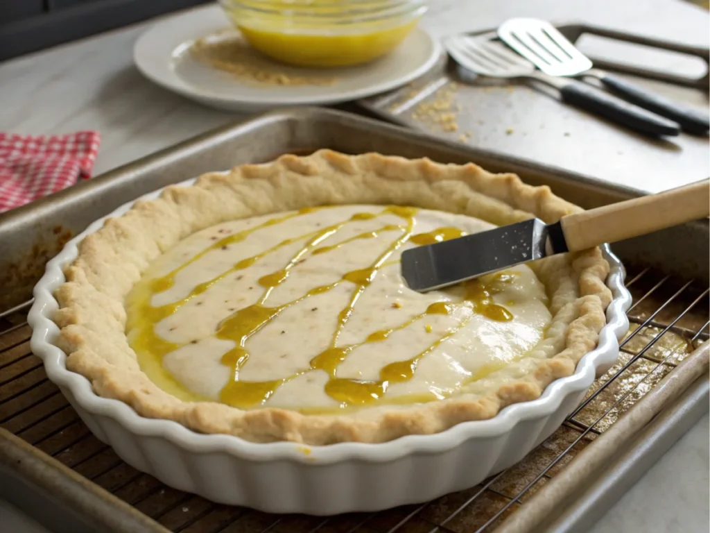 Unbaked Passover Potato Pie in a white ceramic dish, with the potato mixture spread evenly and drizzled with oil. A spatula rests on the edge, and the dish sits on a baking tray with other utensils and ingredients in the background.