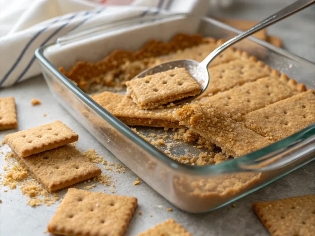 Graham cracker crust being pressed into a baking dish.