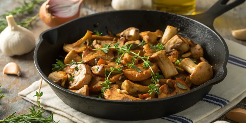 Sautéed mushrooms in a skillet.