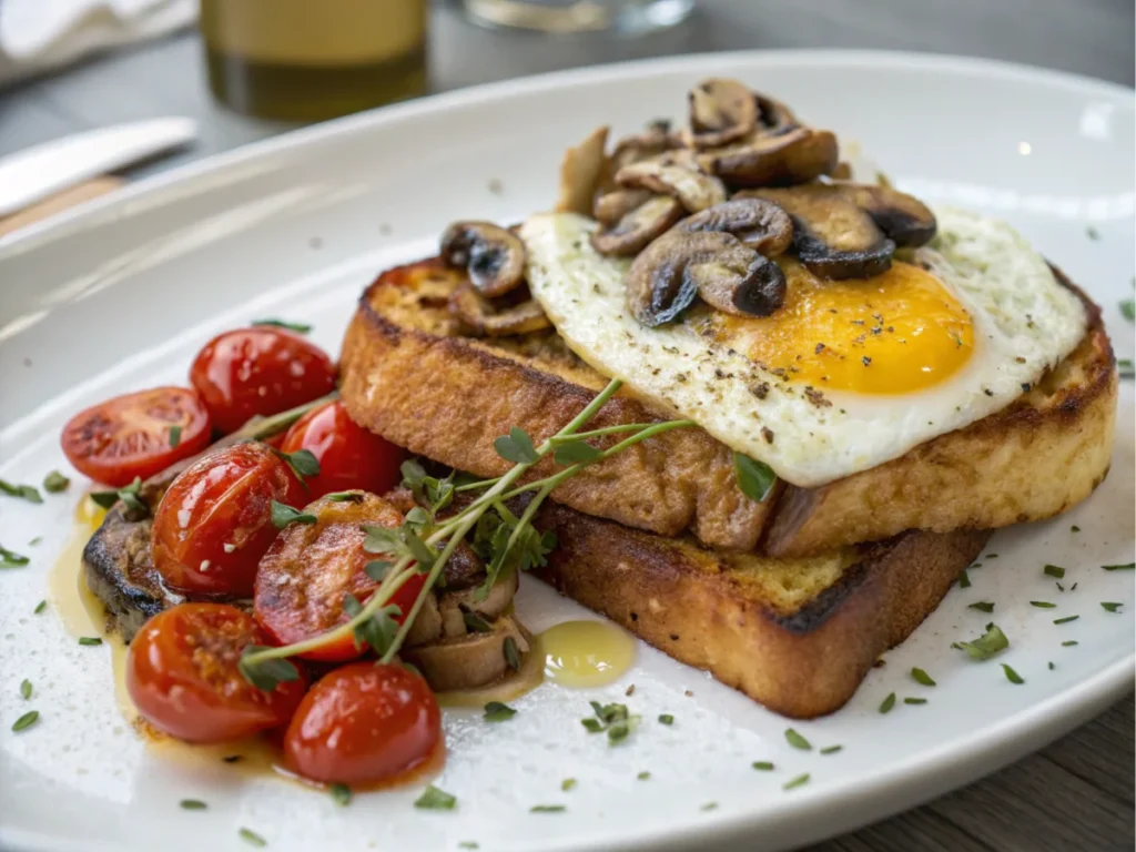 A savory McCormick French toast recipe served with a sunny-side-up egg, sautéed mushrooms, roasted cherry tomatoes, and fresh herbs on a white plate.