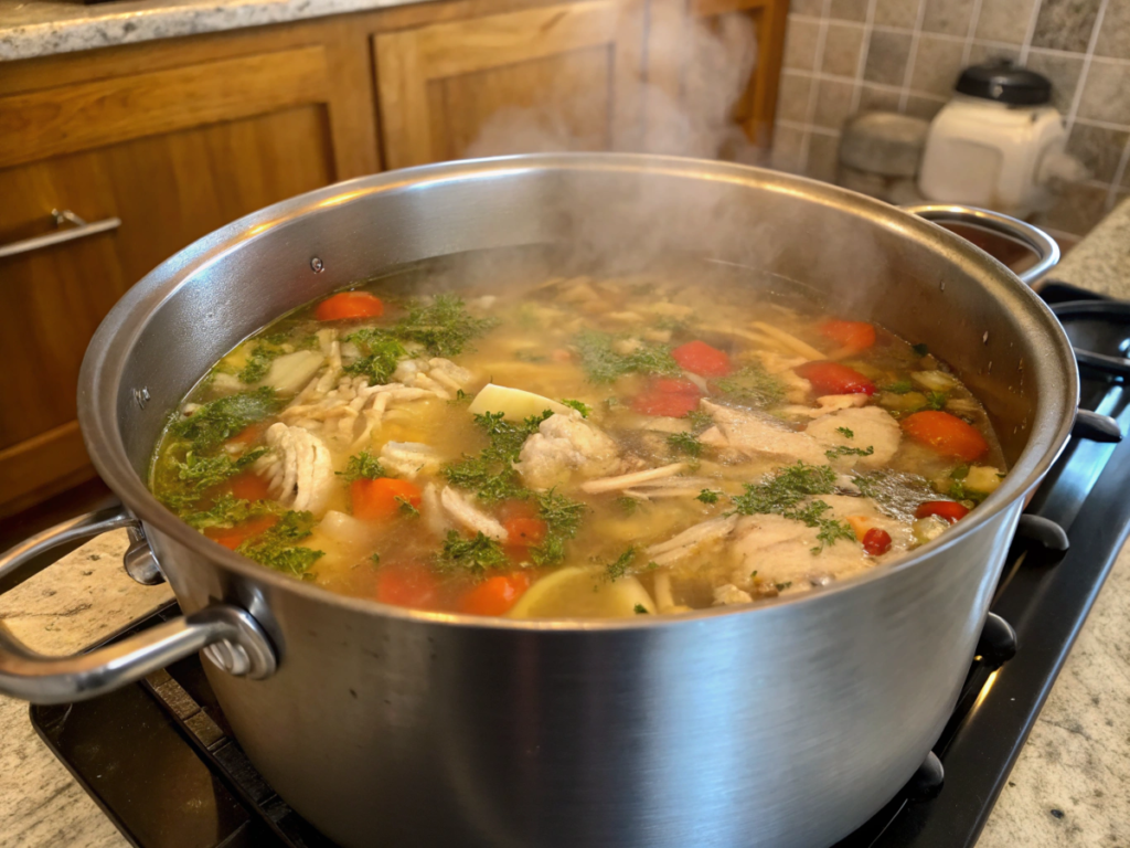 A pot of chicken soup simmering on the stove