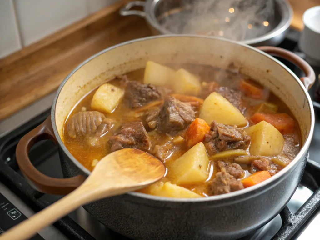 A close-up of a steaming pot of chicken stew