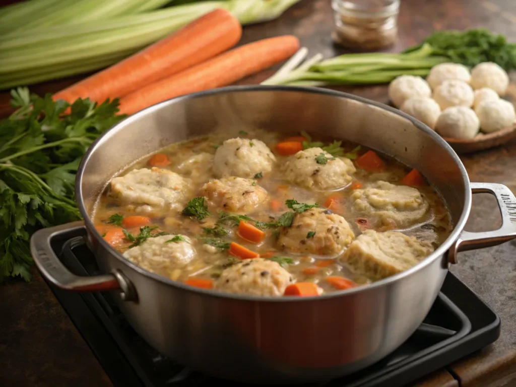 A pot of chicken and dumplings simmering on the stovetop with fresh ingredients nearby