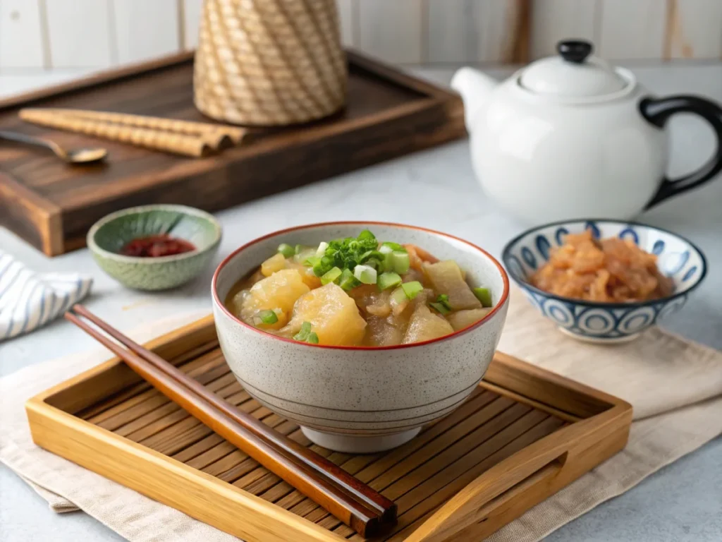 A single serving of Nikujaga in a traditional Japanese bowl, garnished with green onions.