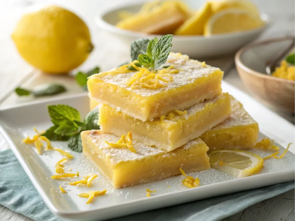 Sliced dessert bars arranged neatly on a plate with garnishes of fresh zest