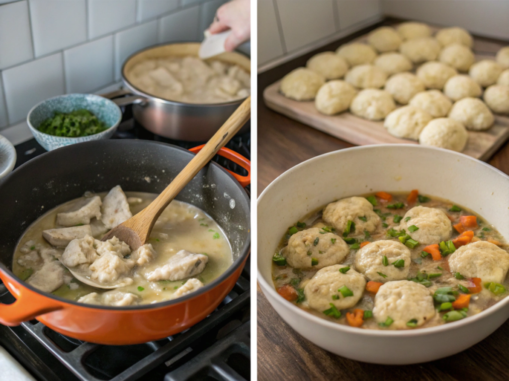 Step-by-step collage of making chicken and dumplings, from preparing the stew to serving the final dish.