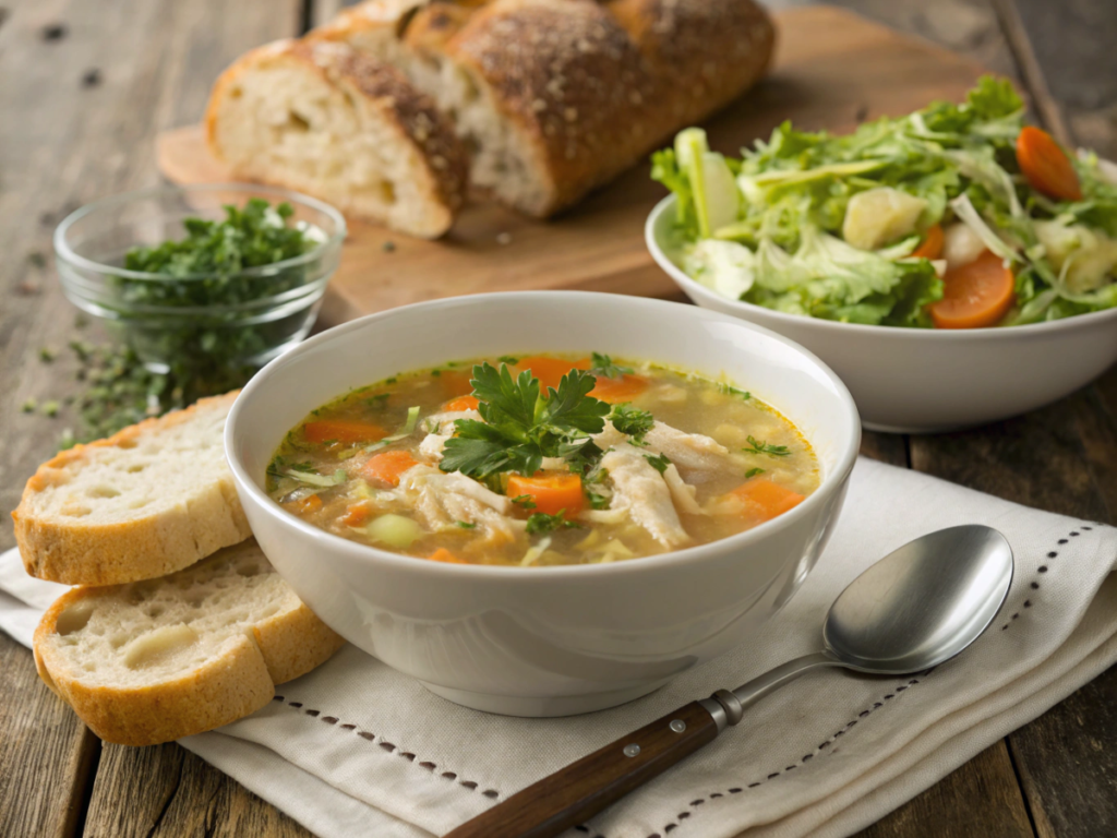 A bowl of chicken soup served with crusty bread and a salad