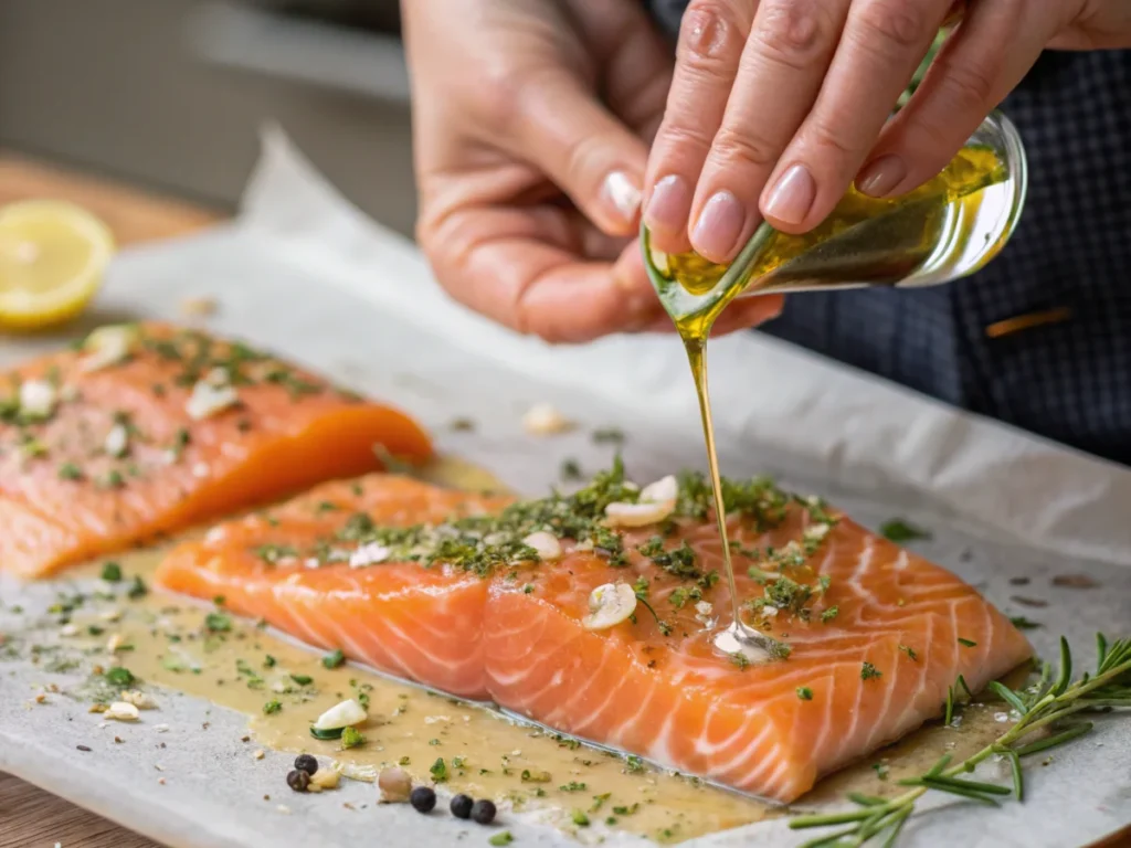 Hands seasoning a salmon fillet with olive oil, garlic, and Mediterranean herbs on a wooden cutting board.