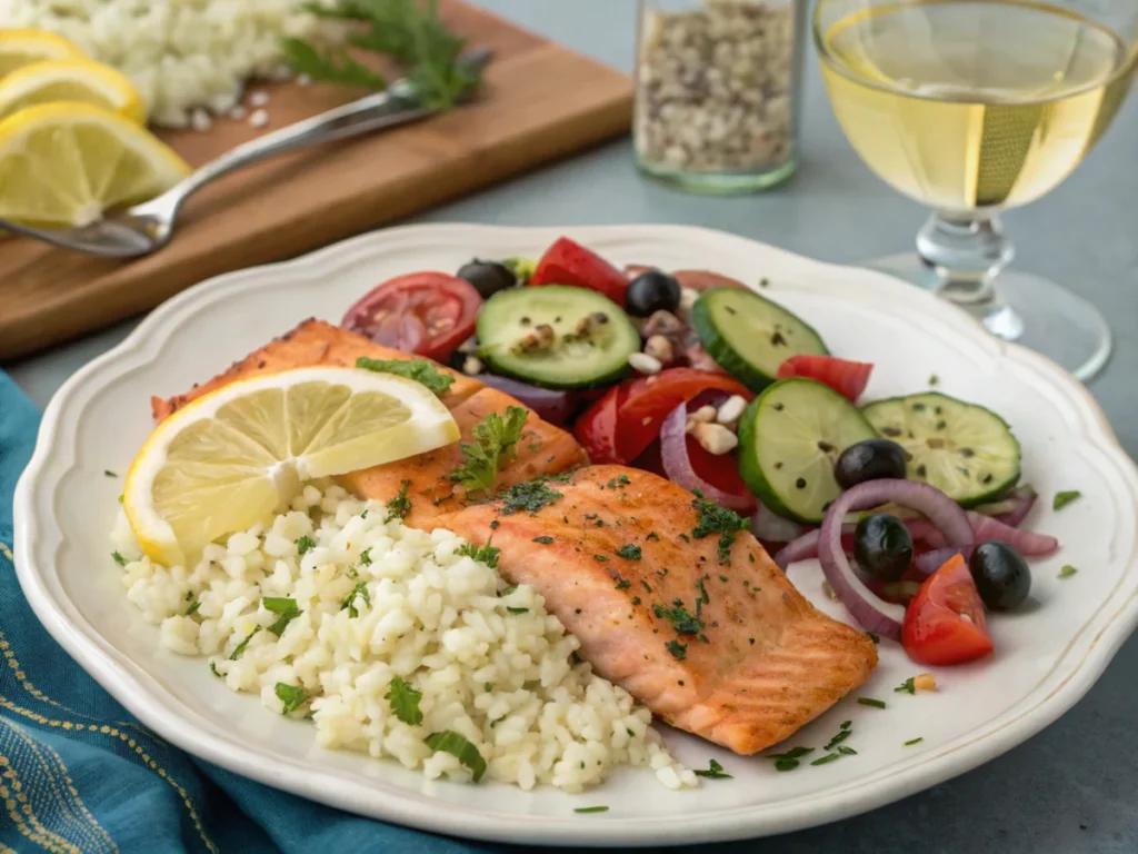 Mediterranean salmon plated with lemon rice, a side of Greek salad, and a glass of white wine.