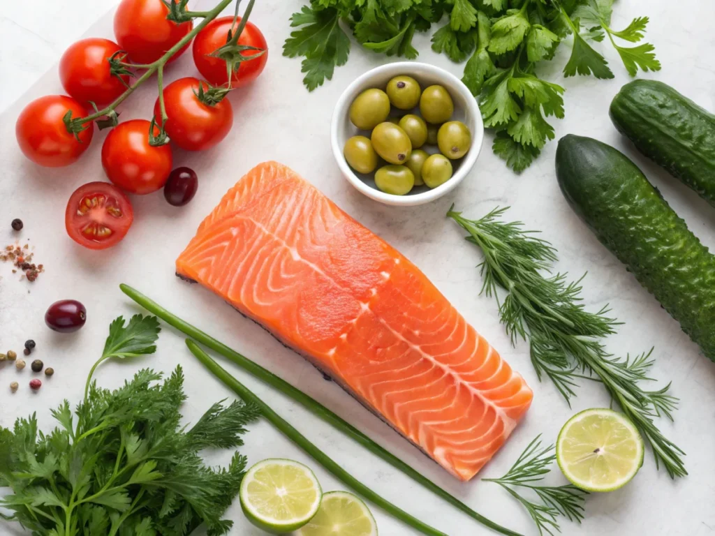 Fresh salmon fillet, olive oil, garlic, cherry tomatoes, lemon, and Mediterranean herbs arranged on a countertop.