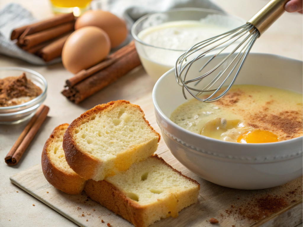 Ingredients for the McCormick French toast recipe, including eggs, milk, cinnamon, vanilla, and sliced bread, with a whisk in action.