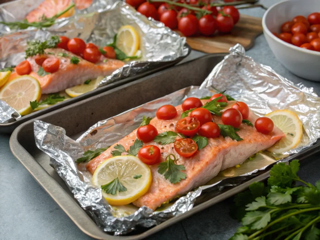 Mediterranean salmon fillets wrapped in foil with cherry tomatoes, lemon slices, and herbs