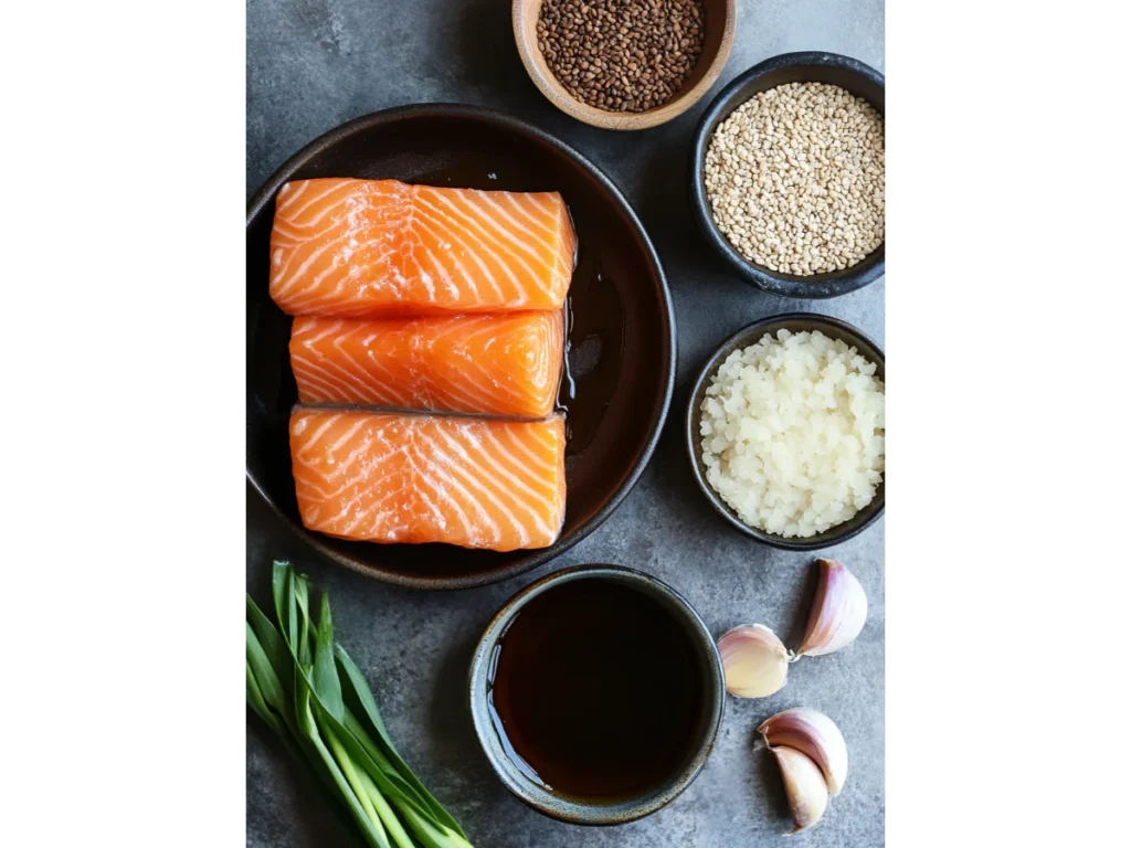 Fresh salmon fillets, soy sauce, garlic, ginger, honey, and sesame seeds neatly arranged on a wooden cutting board.