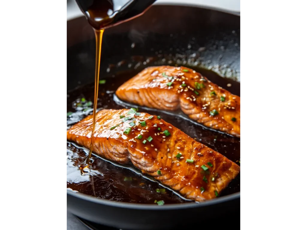 Salmon fillets sizzling in a pan as homemade teriyaki sauce is spooned over them.