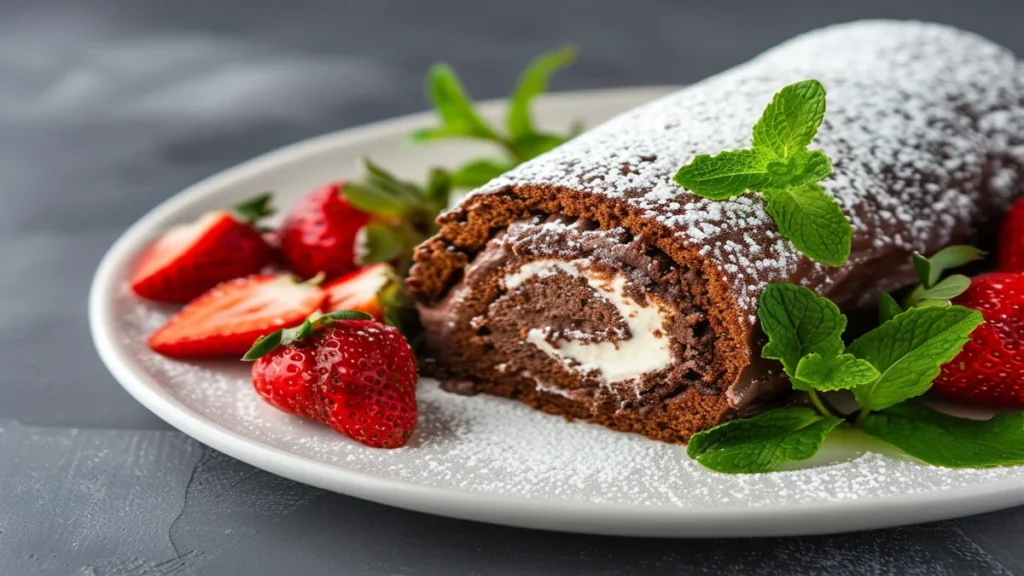Classic Chocolate Swiss Roll on a plate with chocolate filling and powdered sugar