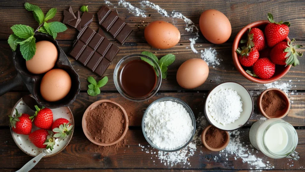 Flat lay of eggs, sugar, cocoa powder, flour, dark chocolate, cream, and strawberries for chocolate swiss roll