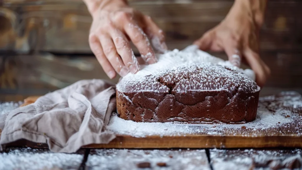 Rolling chocolate swiss roll sponge with a kitchen towel
