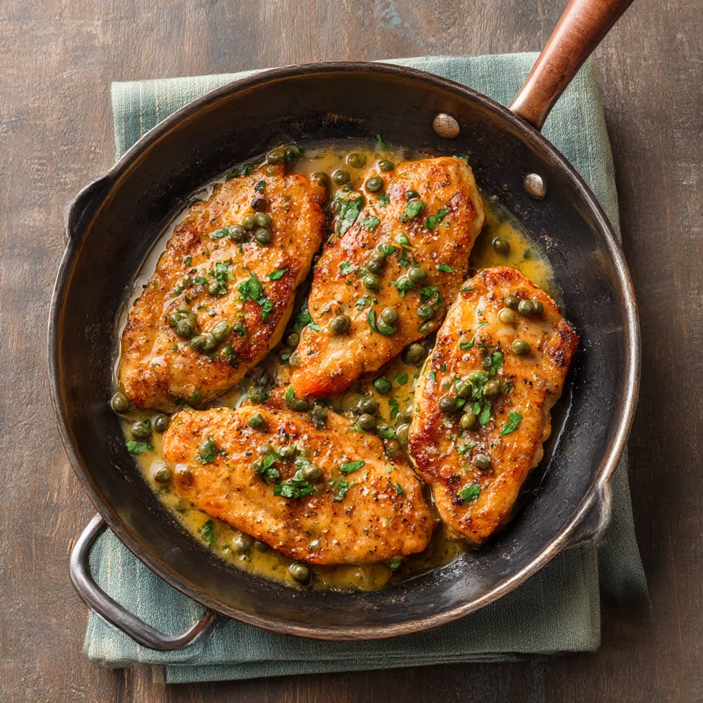 Chicken Piccata in a skillet topped with lemon slices, capers, and a buttery lemon sauce.